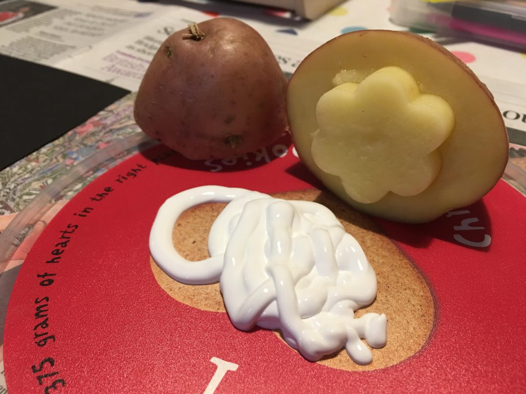 Potato print snowmen for kids