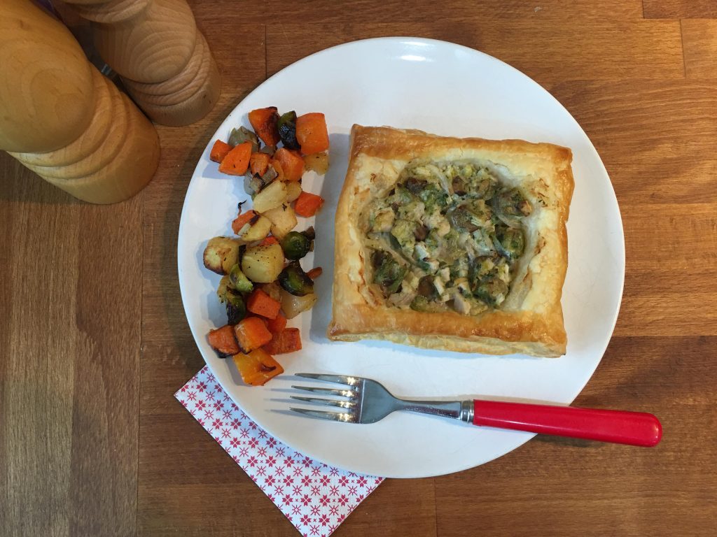 pastry squares with chestnut, turkey and kalettes