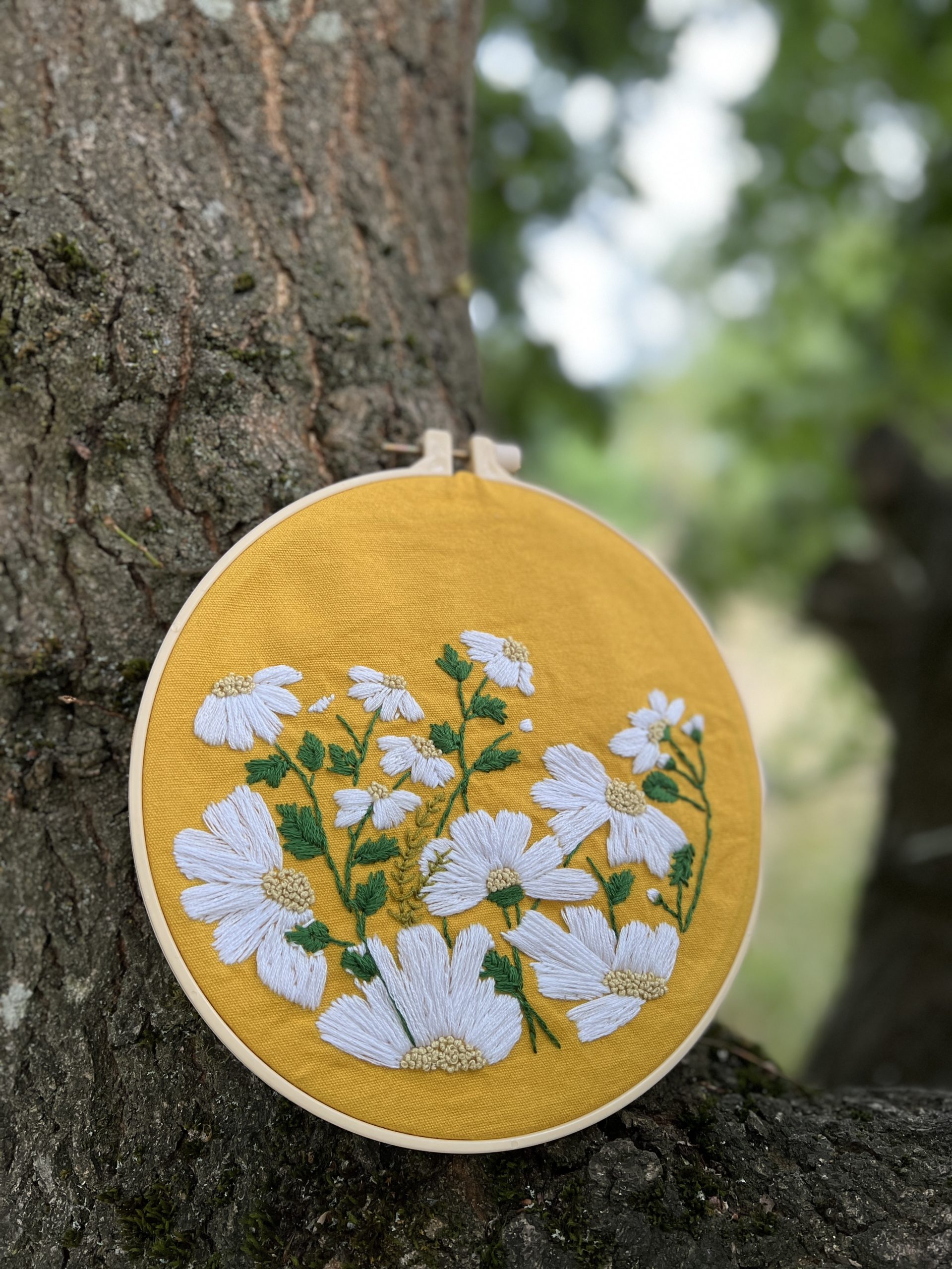 embroidery hoop featuring daisies