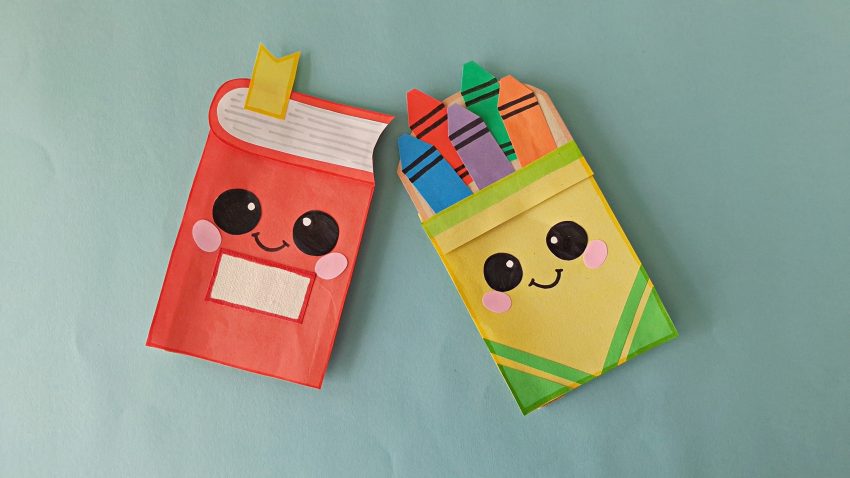 Box of Crayons and notebook Paper Bag Puppet